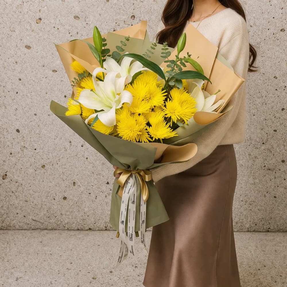 Sarı Krizentemler ve Beyaz Lilyum Buketi