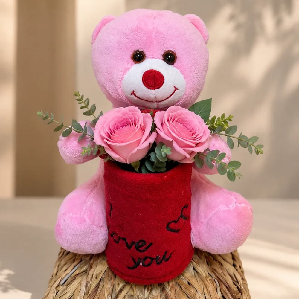 Pink Teddy and Roses Arrangement