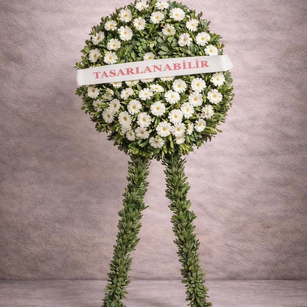 Beyaz Gerbera Çift Ayaklı Çelenk