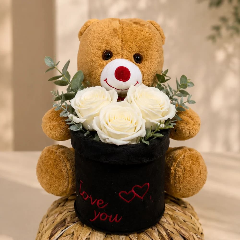 Brown Teddy Bear and White Roses Arrangement